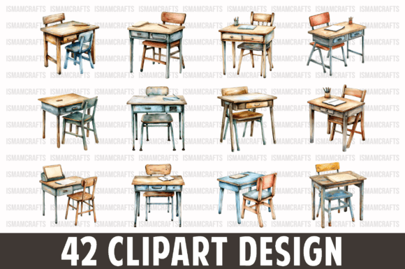 School Desk with Chair Clipart Bundle