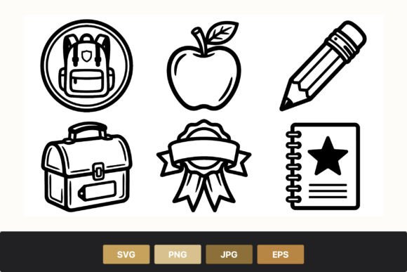 School Icons Black White Line Art
